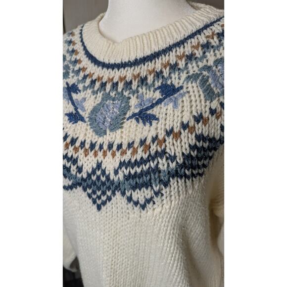 Vintage Huntington Ridge hand knitted fair isle cotton blend sweater ivory Med - Picture 2 of 6